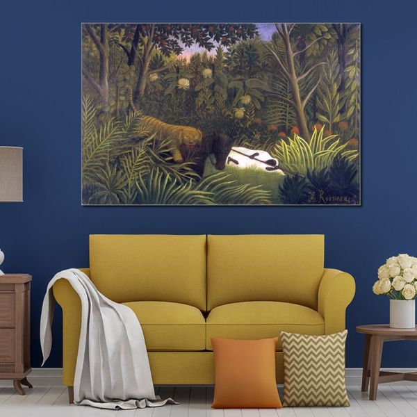 Superbe Art naïf Henri Rousseau peinture tigre attaquant un cheval toile oeuvre peinte à la main moderne décor d'hôtel