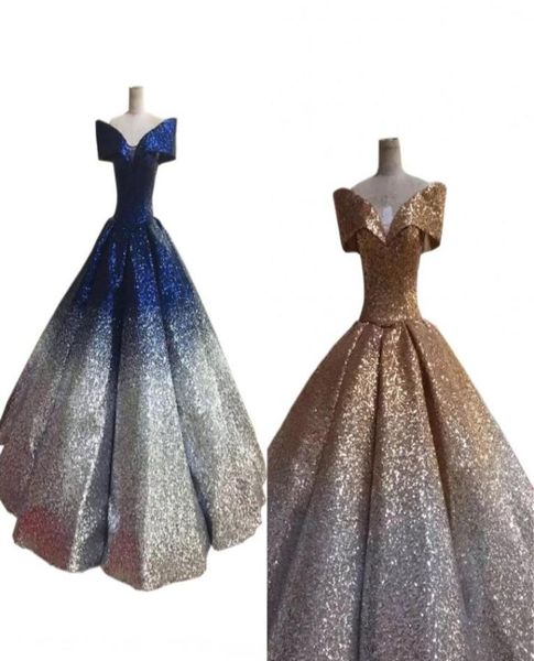 Impresionantes vestidos de noche de baile de graduación de oro azul marino 2022 Vestido de lentejuelas con vestidos de pelota de diseño ombre gradiente de manga corta para mujeres 8040008