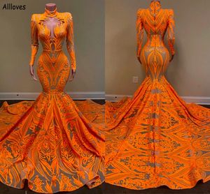 Superbes robes de bal sirène en dentelle orange arabe Aso Ebi col haut manches longues robes de soirée vintage pour les femmes, plus la taille voir à travers la robe formelle CL1789