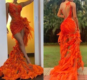 Impresionantes vestidos de fiesta de Mermaid naranja Sexy Sheer sin respaldo Back Light Night Vestidos Illusión Apliques Vestidos Vestidos La ocasión formal usa BC14878