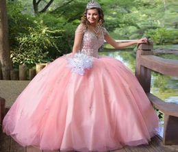 Superbe robe de bal rose cristal Quinceanera robes col en V perles volants douce 15 robe jupe bouffante robe de bal en satin pour Junior792361371