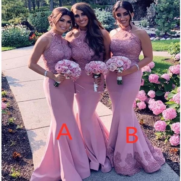 Impresionantes vestidos de dama de honor de sirena rosa Árabe Africano Cuello alto Encaje Apliques Lentejuelas Trompeta superior Vestidos de dama de honor Boda P3024