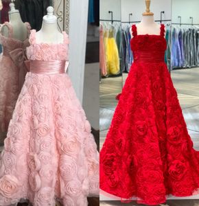 Prachtige roze rozetten meisjes pageant jurk 2020 voor baby peuter kinderen baby meisje 3d rozen bloemen prom verjaardagspartij jurk voor tieners boog