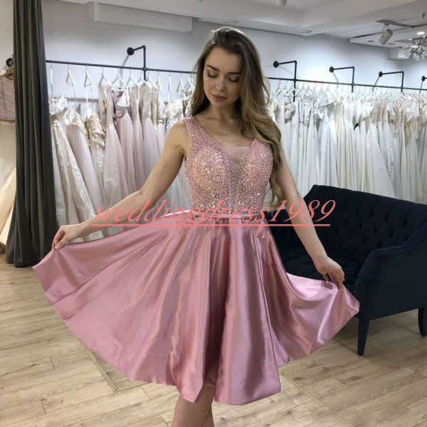 Superbe rose col en V arabe robes de soirée juniors avec perles paillettes 2020 plus la taille courte Bling Party Club Wear robe de bal cocktail