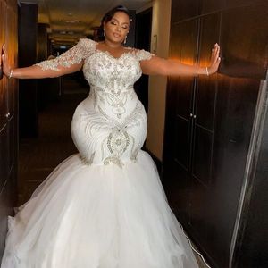 Superbe robe de mariée grande taille en cristal sirène robe de mariée pure manches longues perles robe de Novia Corset dos conception 322