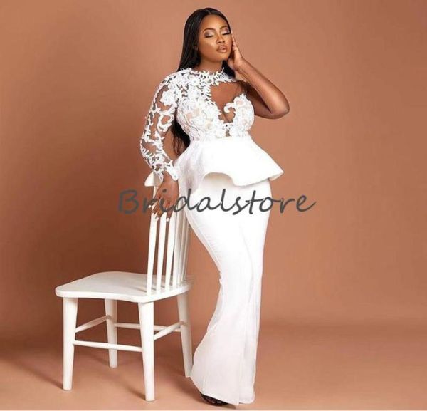 Impresionantes vestidos de fiesta blancos de talla grande, ilusión de encaje, manga larga, vestidos de fiesta africanos, mono, vestido de noche de satén, moda 2021, nuevo P5335747