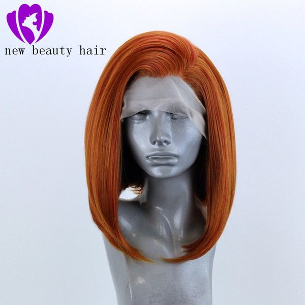 Superbe coiffure de bal courte simulation avant de lacet perruques de cheveux humains cuivre rouge / orange dentelle frontale synthétique Bob perruque pour les femmes noires