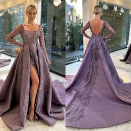 Superbes robes de soirée violettes une ligne illusion manches longues paillettes robe de bal formelle perles de luxe robe de tapis rouge balayage train fendu Robe De soirée