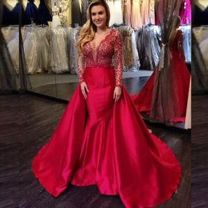 Impresionantes vestidos de alfombra roja con cuello en V profundo Ilusión con cuentas Mangas largas Sirena Una línea Vestido de noche Vestidos de fiesta de graduación brillantes