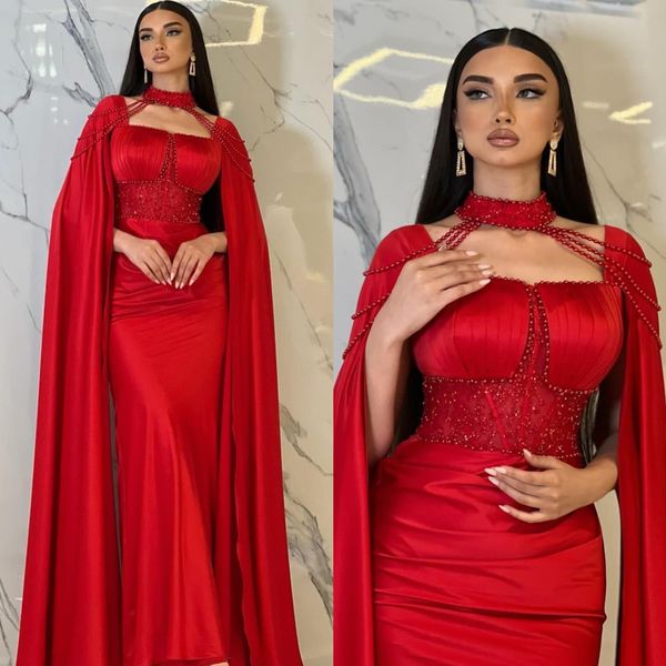 Superbes robes de soirée de gaine rouge élégante avec perles cape perle peplum bal robe arabe qatar musulman robes formelles pour femmes