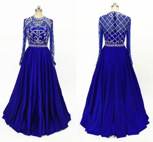 Superbes robes de bal à manches longues bleu royal 2022 col haut illusion cristal perlé paillettes une ligne satin creux dos robes de soirée