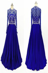 Superbe robes de bal à manches longues bleu royal 2022 Chiflusion à col haut cristal paillement perlé une ligne en satin creux arrière même.