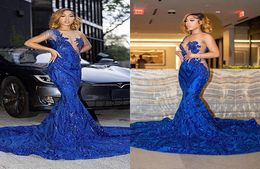 Superbes robes de bal sirène bleu royal sexy col transparent paillettes appliques 2k23 robes de soirée de soirée filles noires, plus la taille BC154788950979