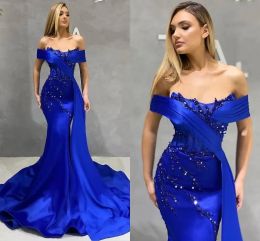 Verbluffende Royal Blue Mermaid Prom Dresses Elegant Off Shoulder Beads Pailletten Ruches Ruches Long Avond Jurken Custom Made Women Accident Party Wear 2023
