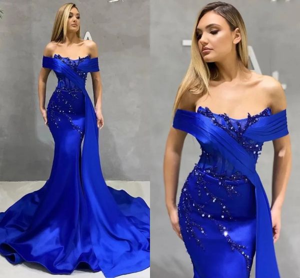 Superbe robe de bal sirène bleu royal élégante hors épaule perles paillettes volants longues robes de soirée sur mesure femmes occasion tenue de fête 2023