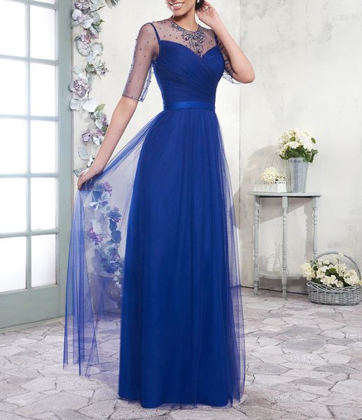 Superbes robes de mère de la mariée bleu royal en tulle doux Illusion transparente avec perles paillettes fermeture à glissière avec boutons longueur au sol