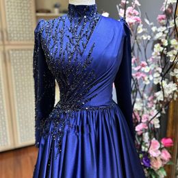 Superbes robes de soirée musulmanes bleu Royal perle maroc femmes robe formelle avec manches longues pli arabe dubaï robe de bal