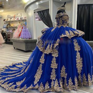 Superbes robes de Quinceanera bleu royal perlées avec des appliques de dentelle robe de bal d'anniversaire douce 15 robes de fête pour filles juniors à plusieurs niveaux