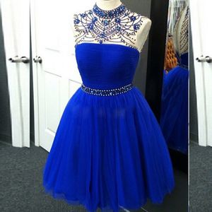 Prachtige Royal Blue Korte Prom Dresses Hoge Neck Beads Crystals Kralen Verfraaid Formele Feestjurken Graduation Jurk Tule Rok