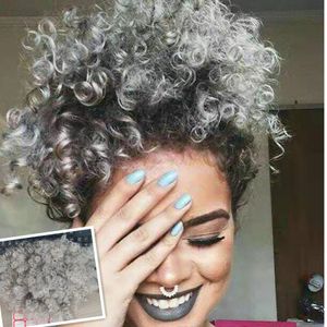 Impresionante sal y pimienta gris plata cola de caballo corto blanco afro rizado colas de caballo rizadas mujeres topper bollo moño extensión del pelo abrigo cordón postizo 100 g / lote