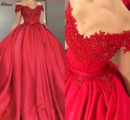 Superbe satin rouge princesse bal de promo robes sexy hors de l'épaule dentelle appliquée élégante soirée vêtements de cérémonie grande taille jupe bouffante grande taille robes CL3399