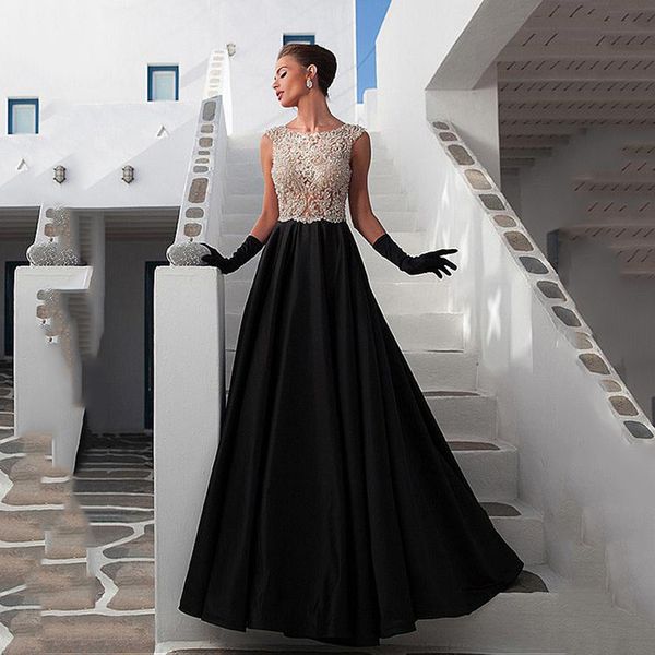 Impresionante escote redondo Vestidos de noche de una línea de longitud completa transparentes con listones Piedras de imitación Vestidos de fiesta de graduación negros Vestidos de noche