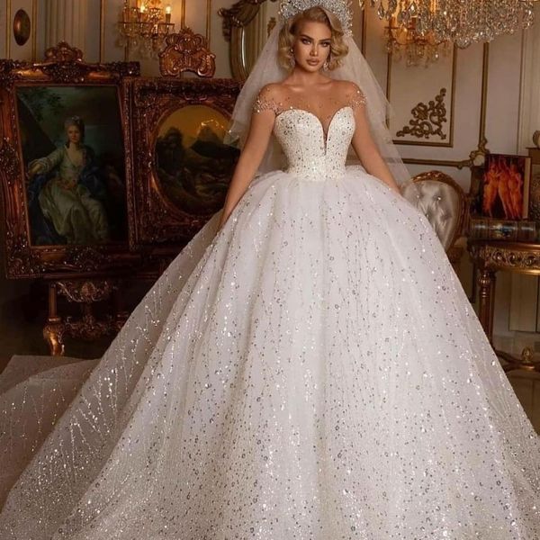 Superbe robe de mariée à paillettes, robe de mariée élégante, décolleté transparent, perles, Vintage, grande taille