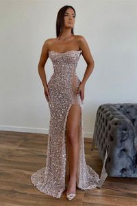 Prachtige Lovertjes Prom Dresses Sexy Hoge Split Avondjurken Zeemeermin Strapless Backless Vrouwen Lange Party Gelegenheid Avondjurken BC15527