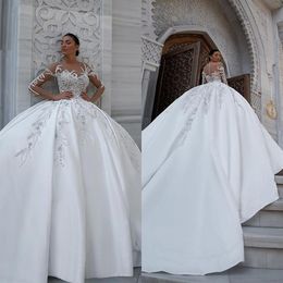 Superbes paillettes luxe robe de bal robes de mariée perles hors épaule à manches longues robes de mariée scintillant balayage train mariage gonflé Dr222e
