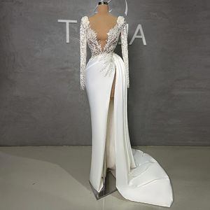 Superbe gaine robes de mariée en perle en dentelle côté coureurs fendus de mariées illusion en Ve en décolleté en satin longs