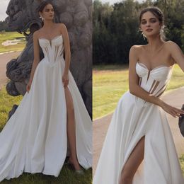 Superbes robes De mariée fendues sur le côté, robes De mariée à col sans bretelles, ligne A, en Satin, avec traîne De balayage