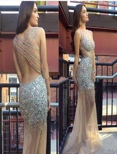 Prachtige zilveren strass kristal kralen avondjurken luxe champagne doorzag door sexy backless prom jurken 2016 vrouwen pageant8277610