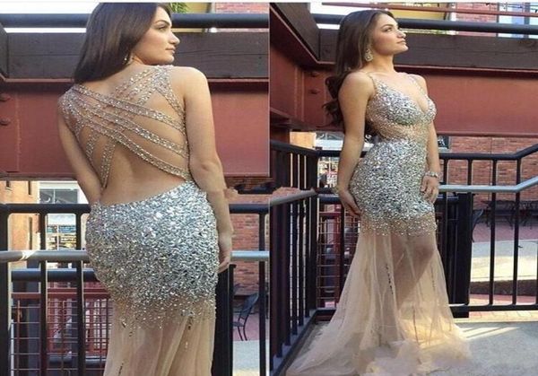 Superbe strass argent en cristal robes de soirée perlé champagne de luxe Voir à travers des robes de bal à dos sexy 2016 Femmes Pageant8036115