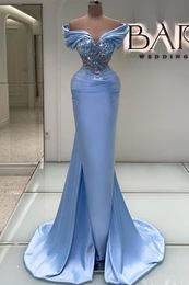 Superbe bleu ciel arabe Dubaï robes de soirée sexy sirène hors épaule plis perles appliques robes de bal robes de BC18457
