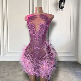 Superbe brillant luxe diamant femmes fête d'anniversaire robes de Cocktail Sexy pure rose plume Mini robes de bal courtes 240117