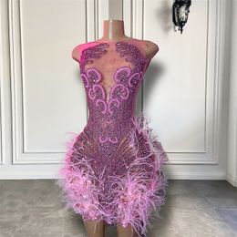 Prachtige sprankelende luxe diamanten dames verjaardagsfeestje cocktailjurken sexy pure roze veren mini korte galajurken 240117