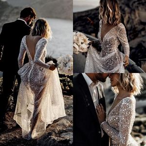 Prachtige sprankelende sexy mouw A-lijn jurken Pure hals lange mouwen Lovertjes strand trouwjurk bruidsjurk vestido de novia s s