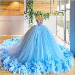 Prachtige zoete 15 hemelsblauwe baljurk Quinceanera jurken sexy spaghetti riem kralen Appliques Ruches Long Evening Prom -jurken