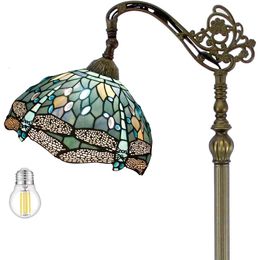 Impresionante lámpara de tiffany con diseño de libélulas de vidrio manchado azul marino - Luz de lectura de pie de cabecera ajustable para la decoración de la sala del dormitorio o la sala de estar
