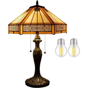 Superbe lampe de table Tiffany en vitrail en hexagone jaune - lampe de chevet de style mission pour chambre, salon ou décor de bureau à domicile - 16x16x24 pouces