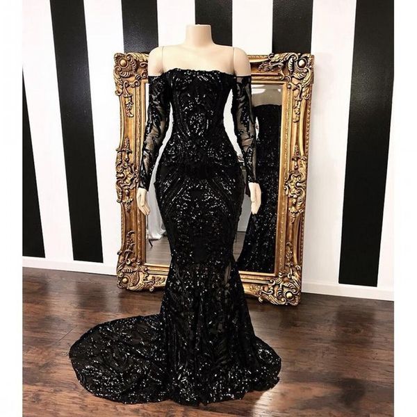 Robe de soirée Sexy noire à paillettes, manches longues en dentelle, épaules dénudées, robe de soirée de bal, avec traîne