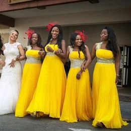 Superbes robes de demoiselles d'honneur jaunes en mousseline de soie longue pour les femmes africaines, plus la taille cristal perlé robe de soirée de bal Whole281B