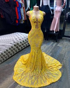 Superbes robes de bal de sirène en dentelle jaune 2024 nouvelles filles noires rencontrées robes de soirée de gala pure bijou cou dentelle appliques robes de bal BC18398