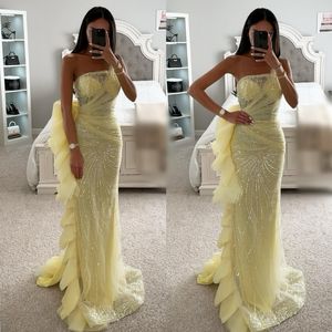 Verbluffende gele zeemeermin prom -jurk kristal strapless avond elegante zij ruches formele jurken voor vrouwen