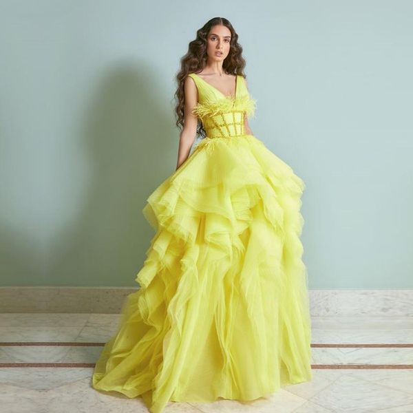 Superbe Robe De soirée jaune à volants et plumes perlées, Robe De bal, col en V, en Tulle superposé, 326 326