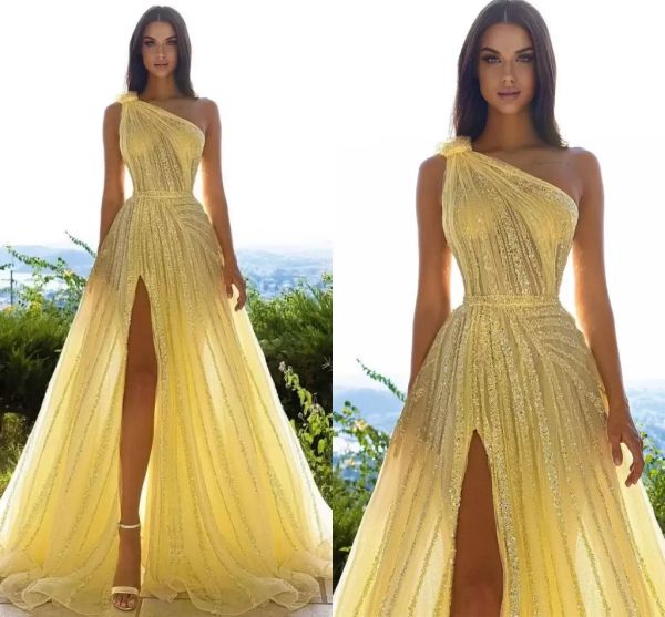 Superbes robes de bal à paillettes jaunes arabe Dubaï une ligne pure une épaule perles haute cuisse Split robes de soirée occasion formelle Vestidos 2023 BC14876