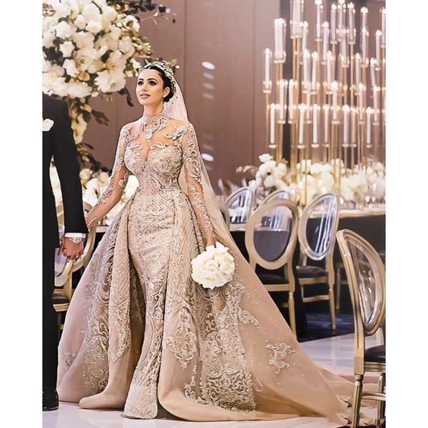 Stunningbride 2024 Vestidos de novia de sirena de champán árabe con tren desmontable Cuello alto Mangas largas de encaje 3D Vestidos de novia musulmanes de Bling