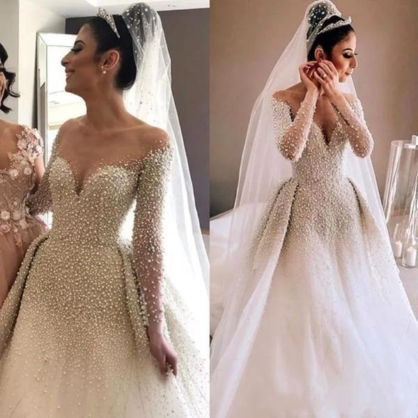 Stunningbride 2024 Árabe Sheer Mangas largas Tul Una línea Vestidos de novia Moda blanca Perlas con cuentas Fruncido Corte Tren Vestidos de novia de boda