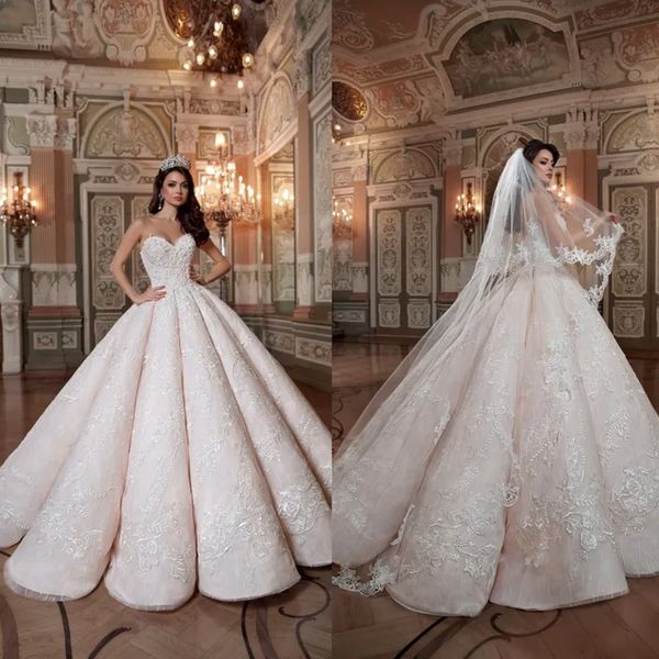 Stunningbride 2024 Blush Pink Queen Vestidos de novia Cariño Satén duro Longitud del piso Encaje Vestidos de fiesta nupciales de quinceañera por encargo