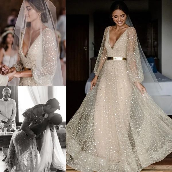 Superbe robe de mariée bohème champagne, col en V, manches longues, paillettes, longueur au sol, grande taille, robe de mariée bohème, 2024